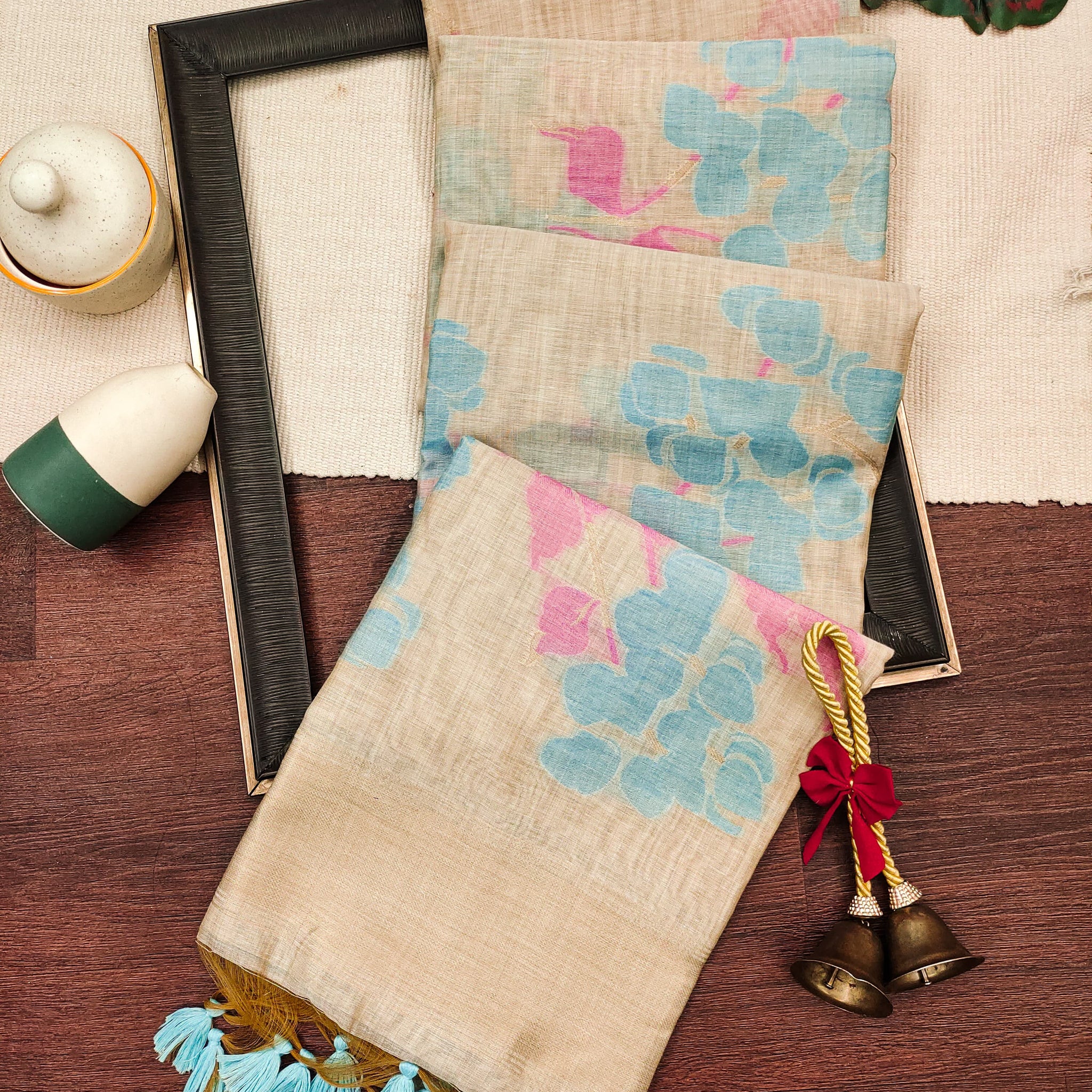 Premium Soft Muga Cotton Offwhite-sky Blue Saree