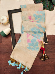 Premium Soft Muga Cotton Offwhite-sky Blue Saree