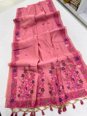 Premium Soft Muga Cotton Pink Saree