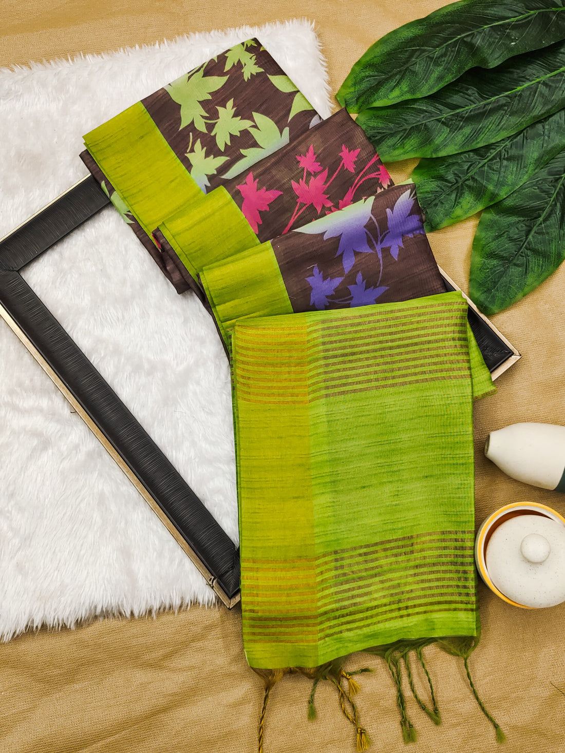 Premium Soft Desi Tussar Silk Parrot Green Saree