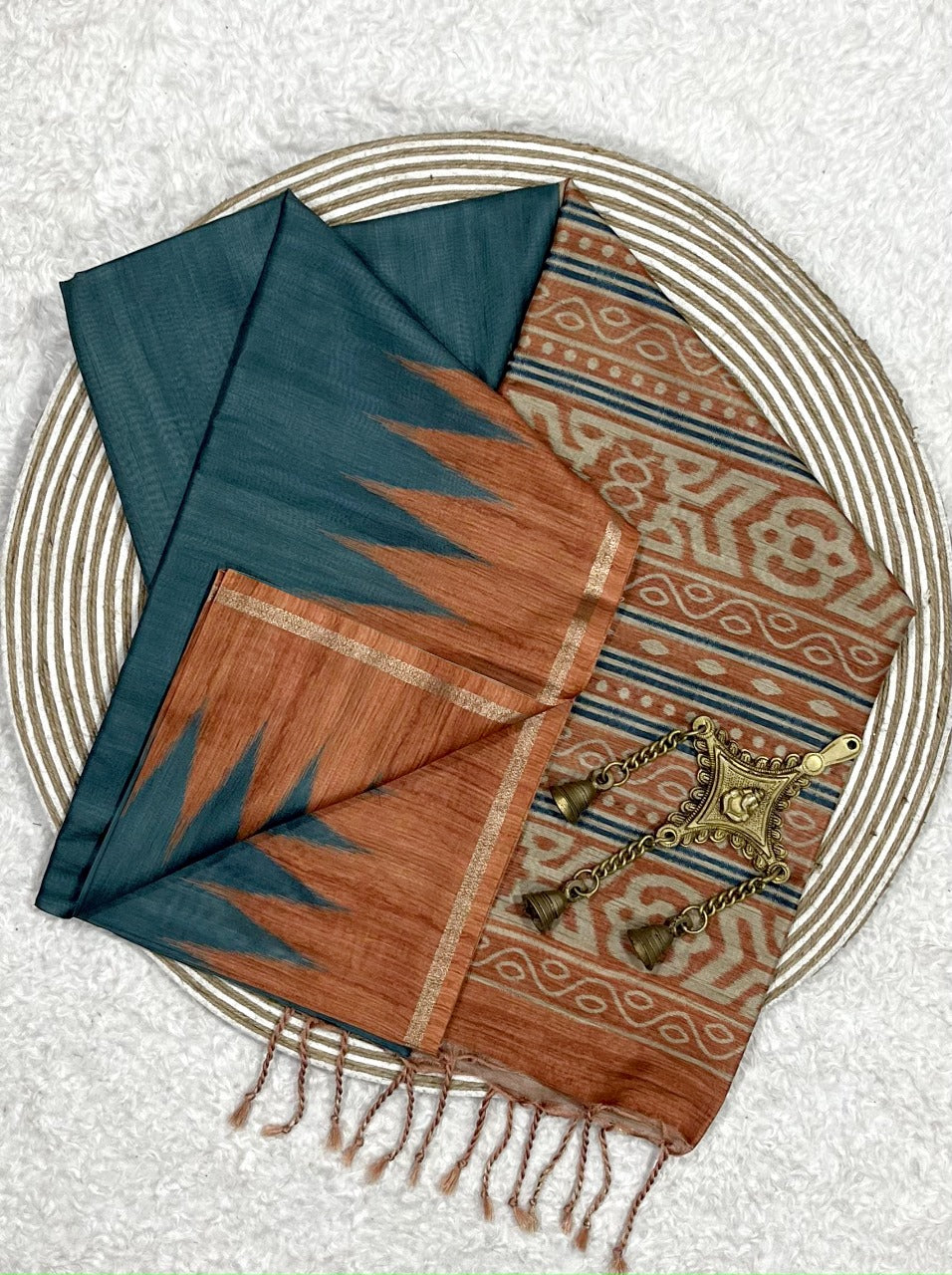 Soft Tussar Silk Bluegreen Saree - Orange Pallu