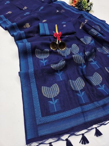 Premium Soft Muga Cotton Dark Blue Saree