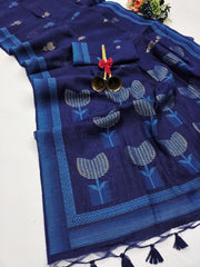 Premium Soft Muga Cotton Dark Blue Saree