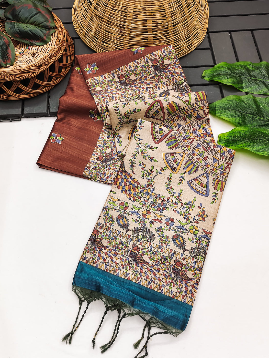 Soft Tussar Silk Madhubani Coffee Saree