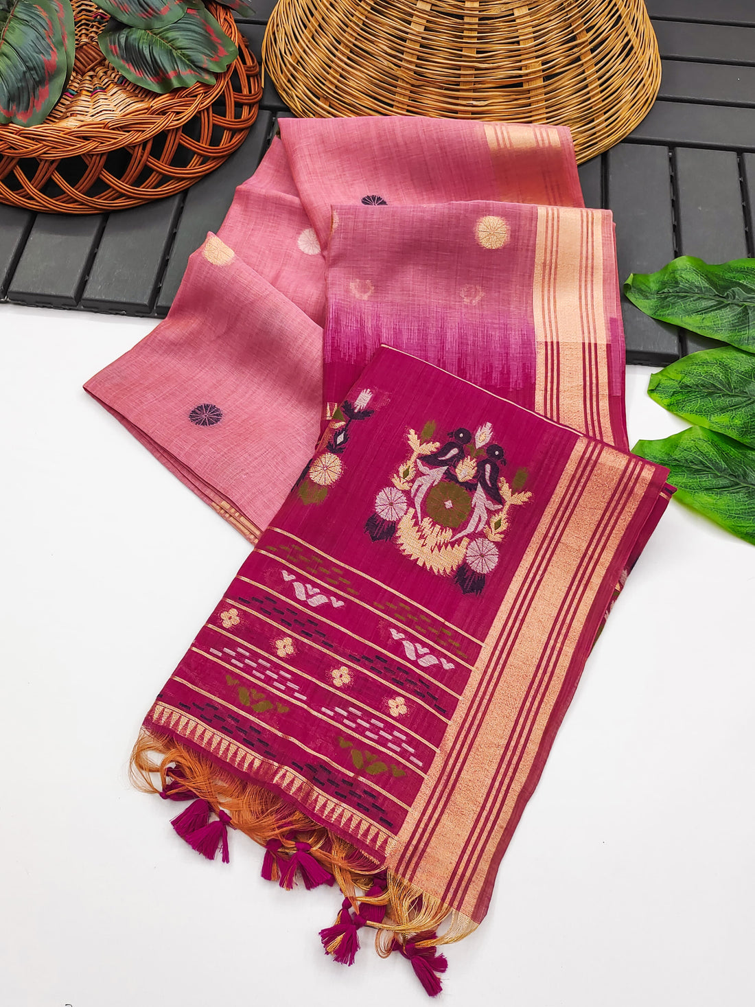 Premium Soft Muga Cotton Pink Saree - Apple Red Pallu
