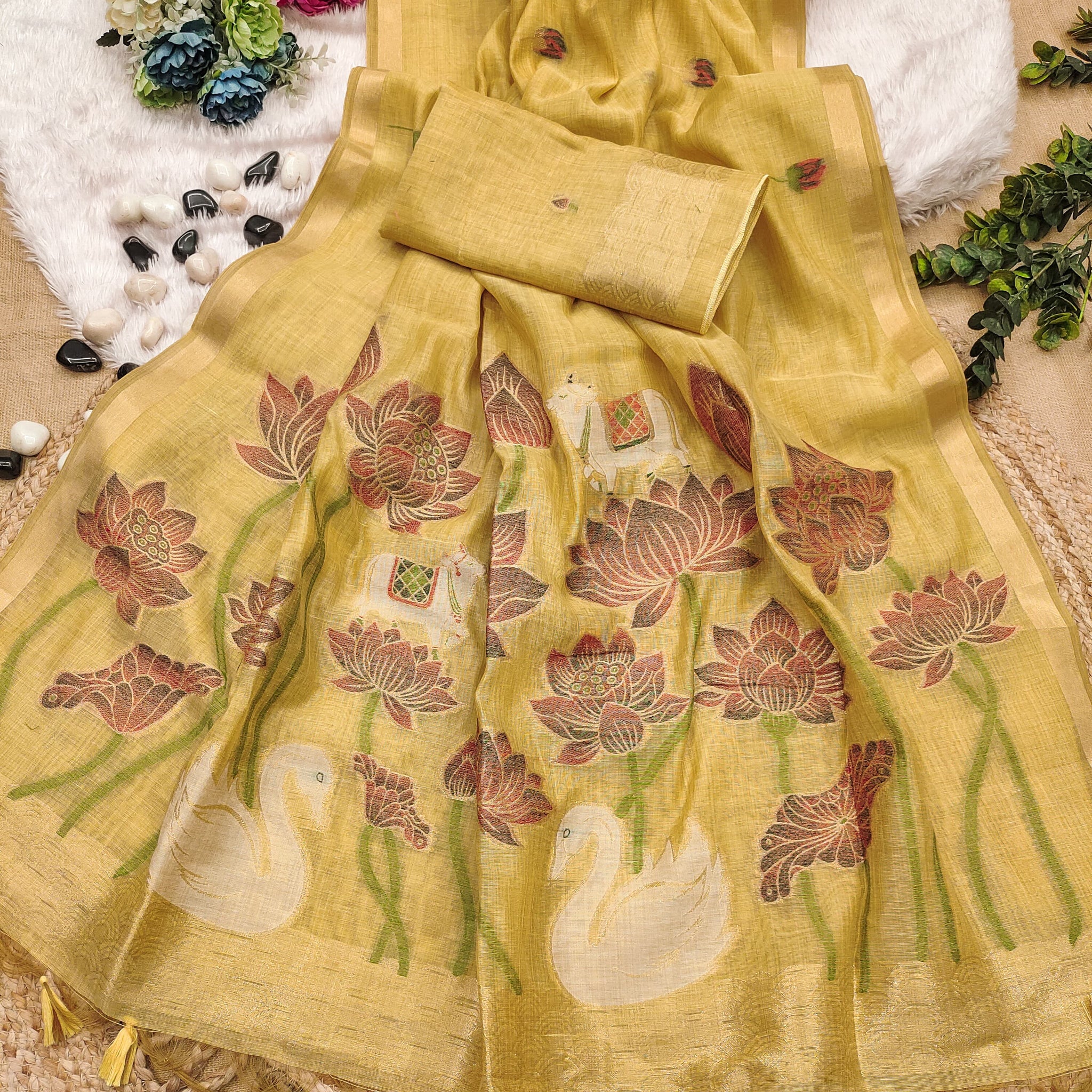 Premium Soft Muga Cotton Yellow Saree