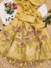 Premium Soft Muga Cotton Yellow Saree
