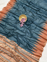 Soft Tussar Silk Bluegreen Saree - Orange Pallu