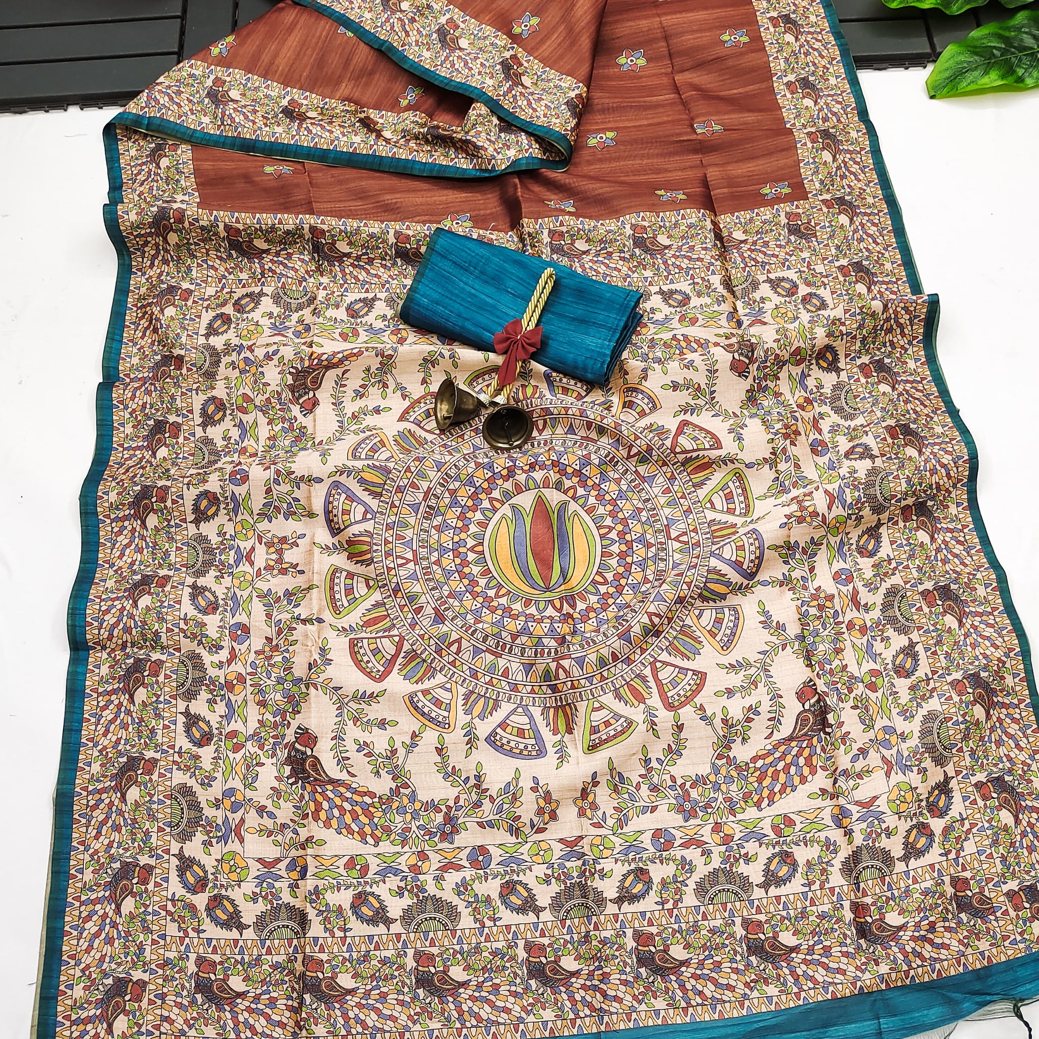 Soft Tussar Silk Madhubani Coffee Saree