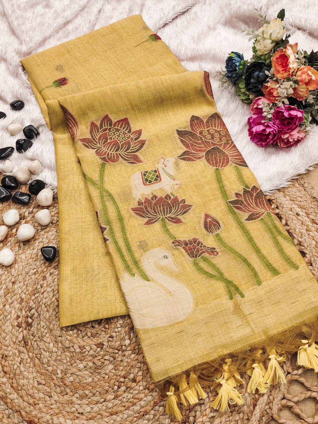 Premium Soft Muga Cotton Yellow Saree