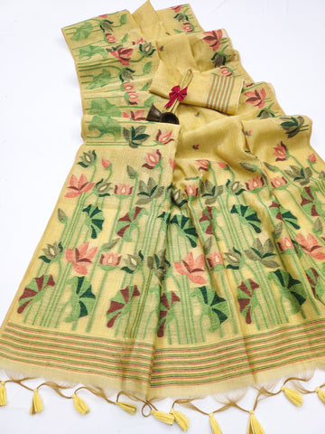 Premium Soft Muga Cotton Yellow Saree