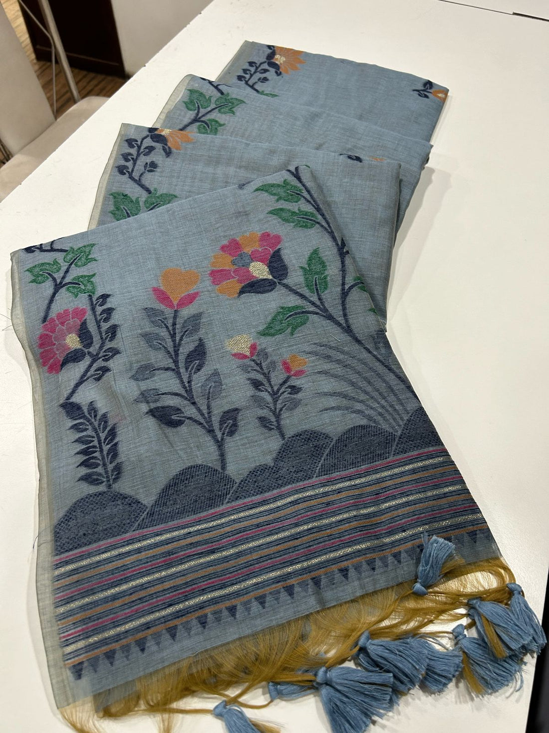 Premium Soft Muga Cotton Green Blue Saree