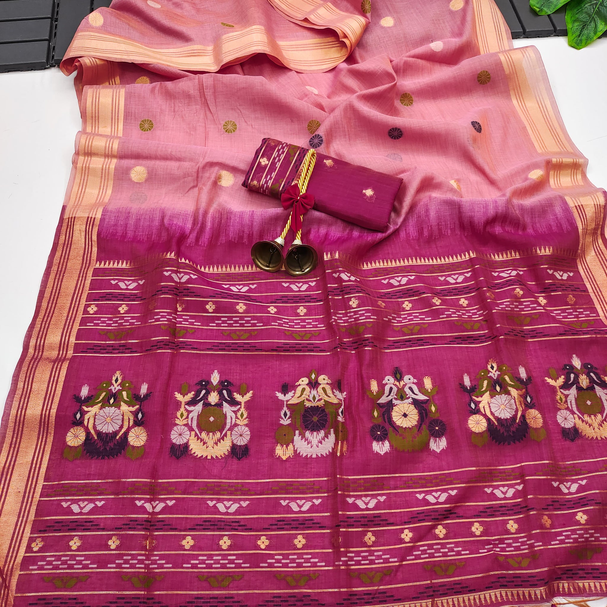 Premium Soft Muga Cotton Pink Saree - Apple Red Pallu
