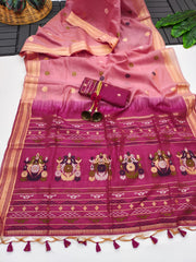 Premium Soft Muga Cotton Pink Saree - Apple Red Pallu