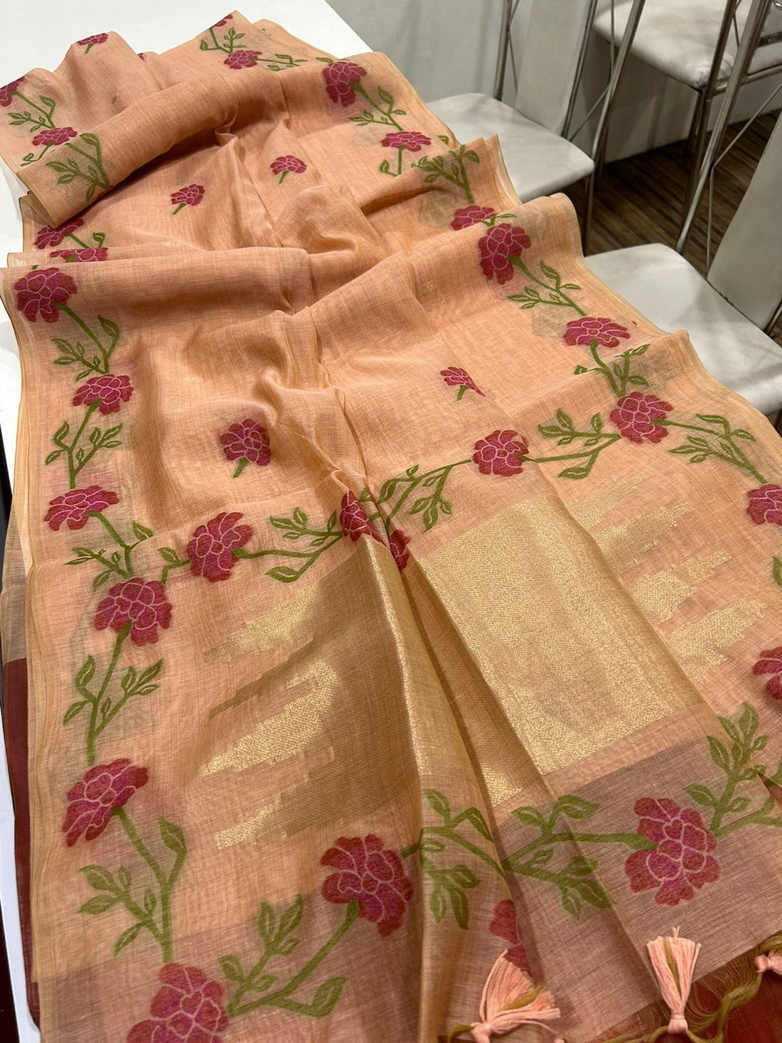 Premium Soft Muga Silk Orange Saree With Maroon Blouse Piece