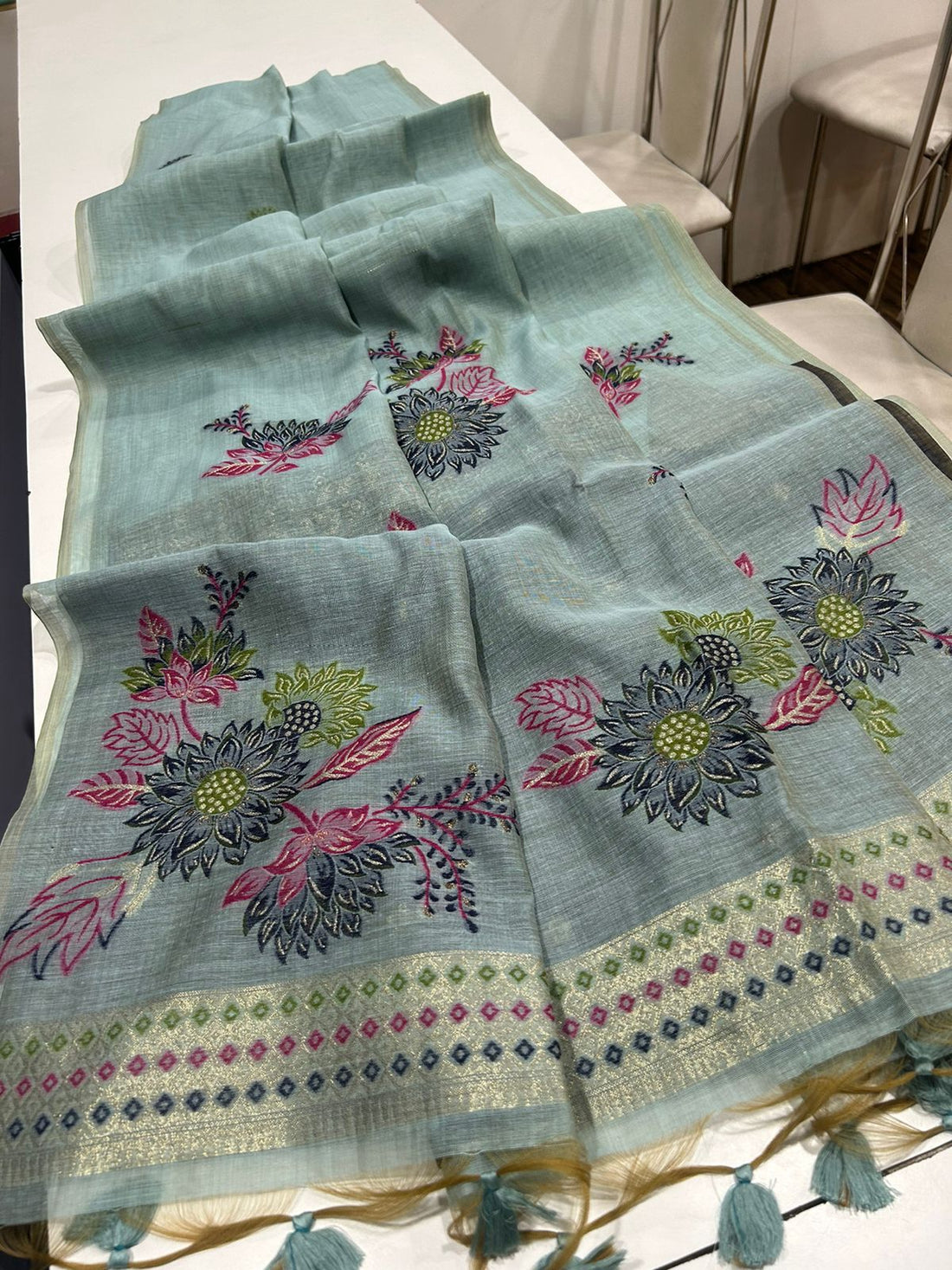 Premium Muga Cotton Sky Blue Saree