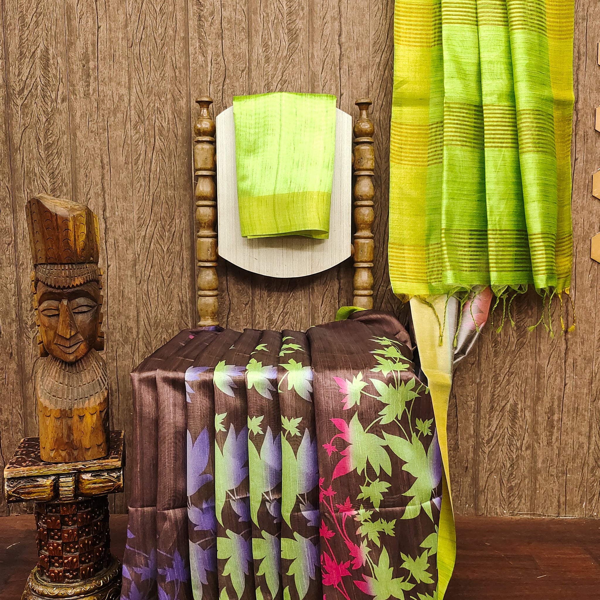 Premium Soft Desi Tussar Silk Parrot Green Saree