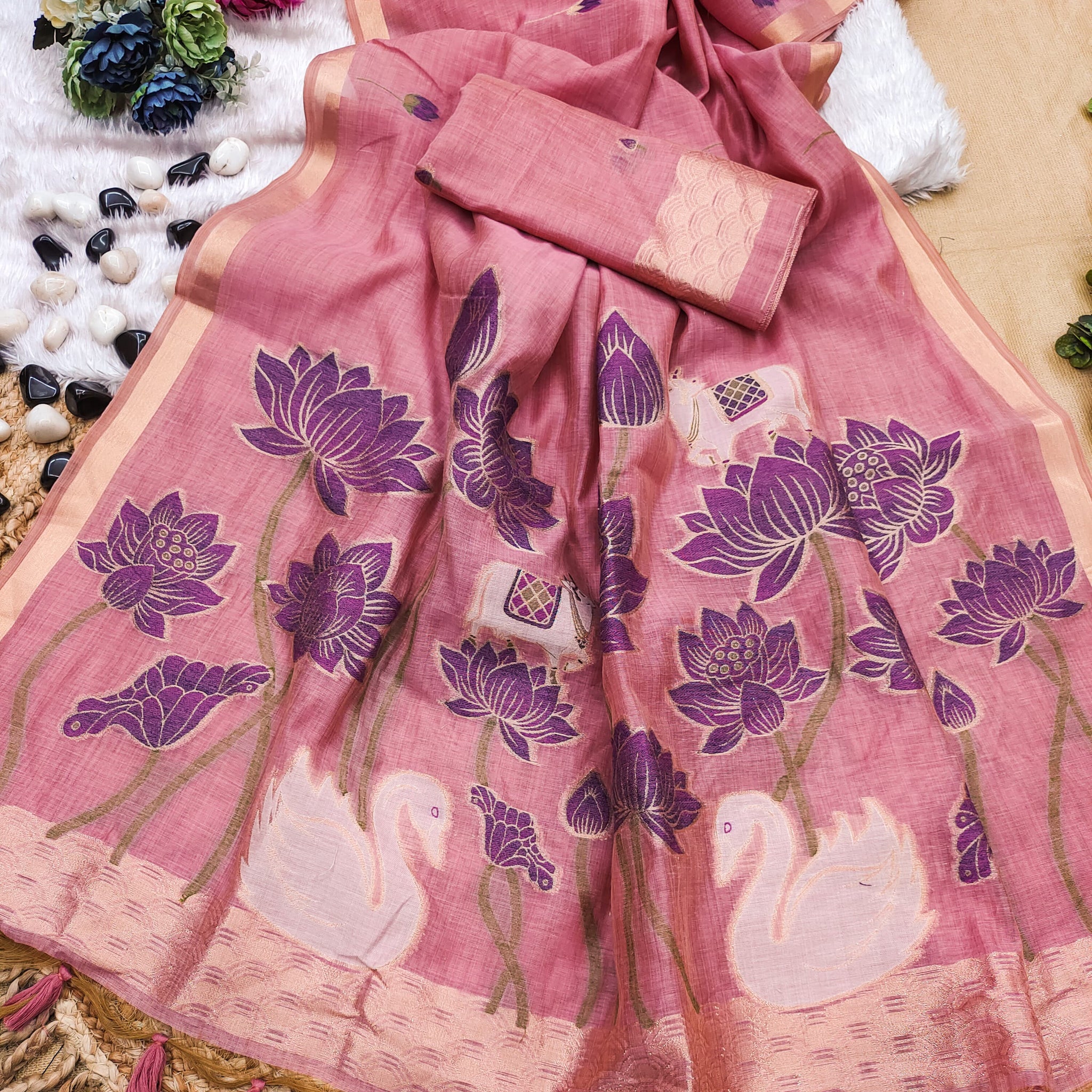 Premium Soft Muga Cotton Pink Saree