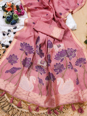 Premium Soft Muga Cotton Pink Saree