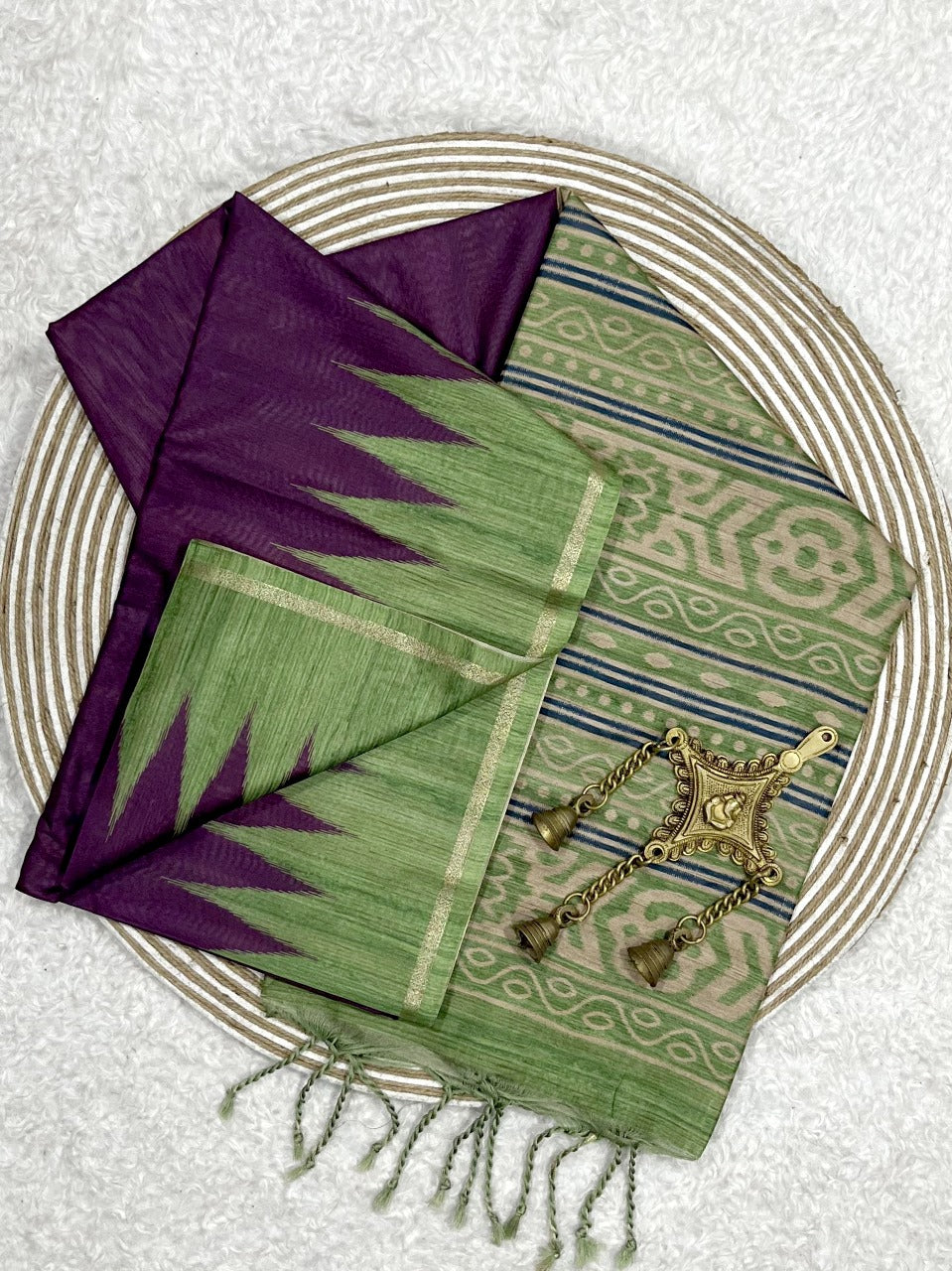 Soft Tussar Silk Purple Saree - Green Pallu