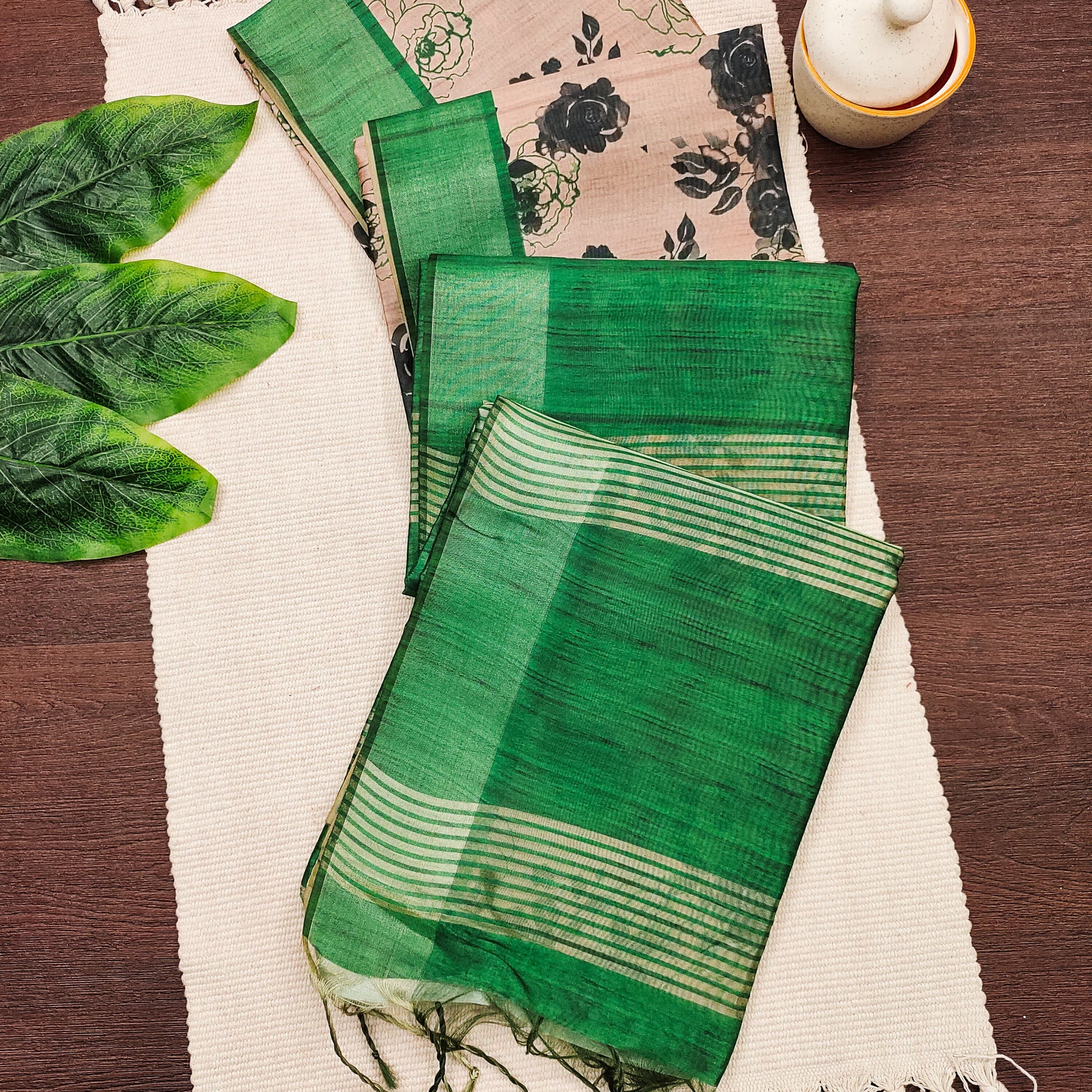Premium Soft Desi Tussar Silk Green Saree