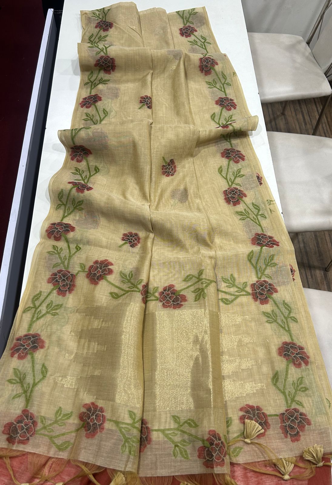 Premium Soft Muga Silk Golden Saree With Chili Red Blouse Piece