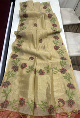 Premium Soft Muga Silk Golden Saree With Chili Red Blouse Piece