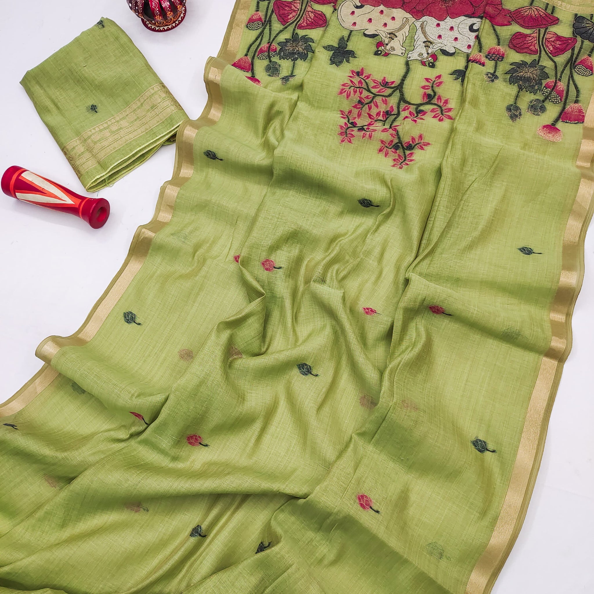 Premium Soft Muga Cotton Parrot Green Saree