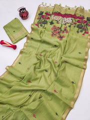 Premium Soft Muga Cotton Parrot Green Saree