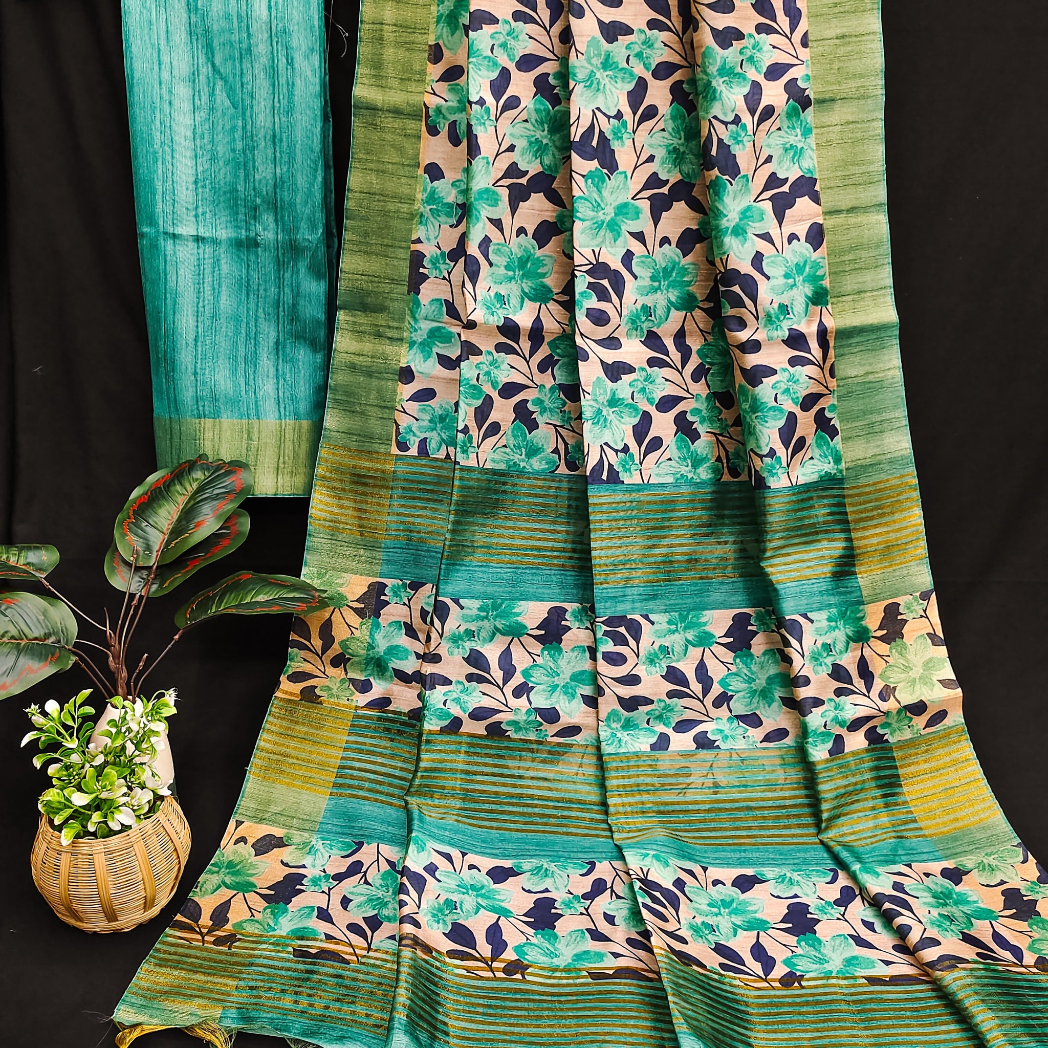 Premium Soft Desi Tussar Silk Ocean Blue Saree