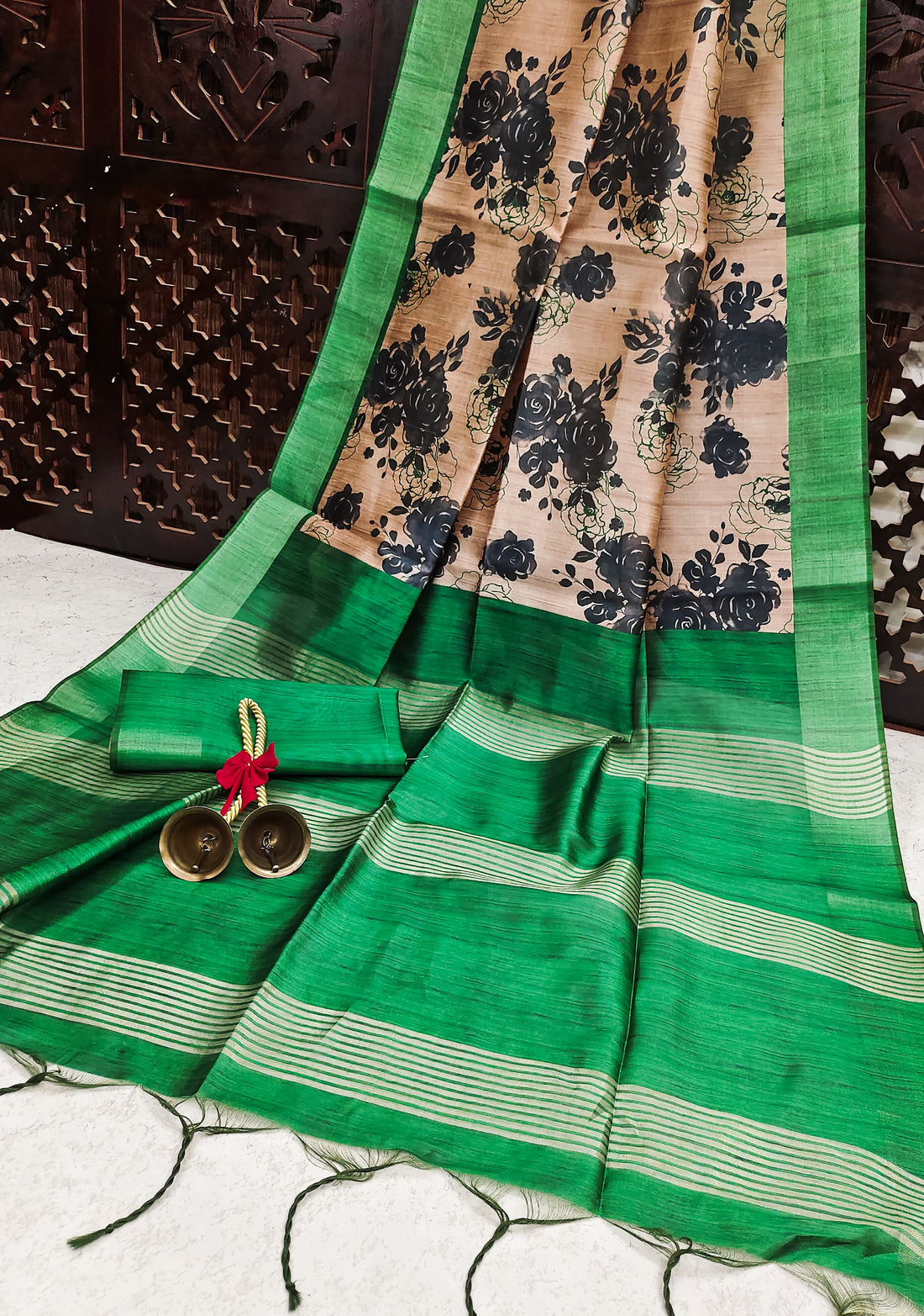 Premium Soft Desi Tussar Silk Green Saree