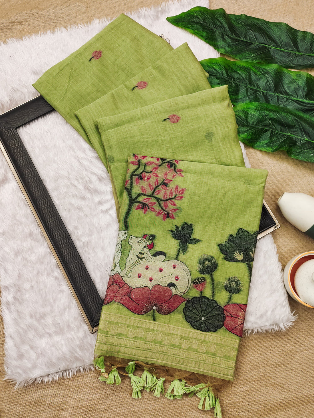 Premium Soft Muga Cotton Parrot Green Saree
