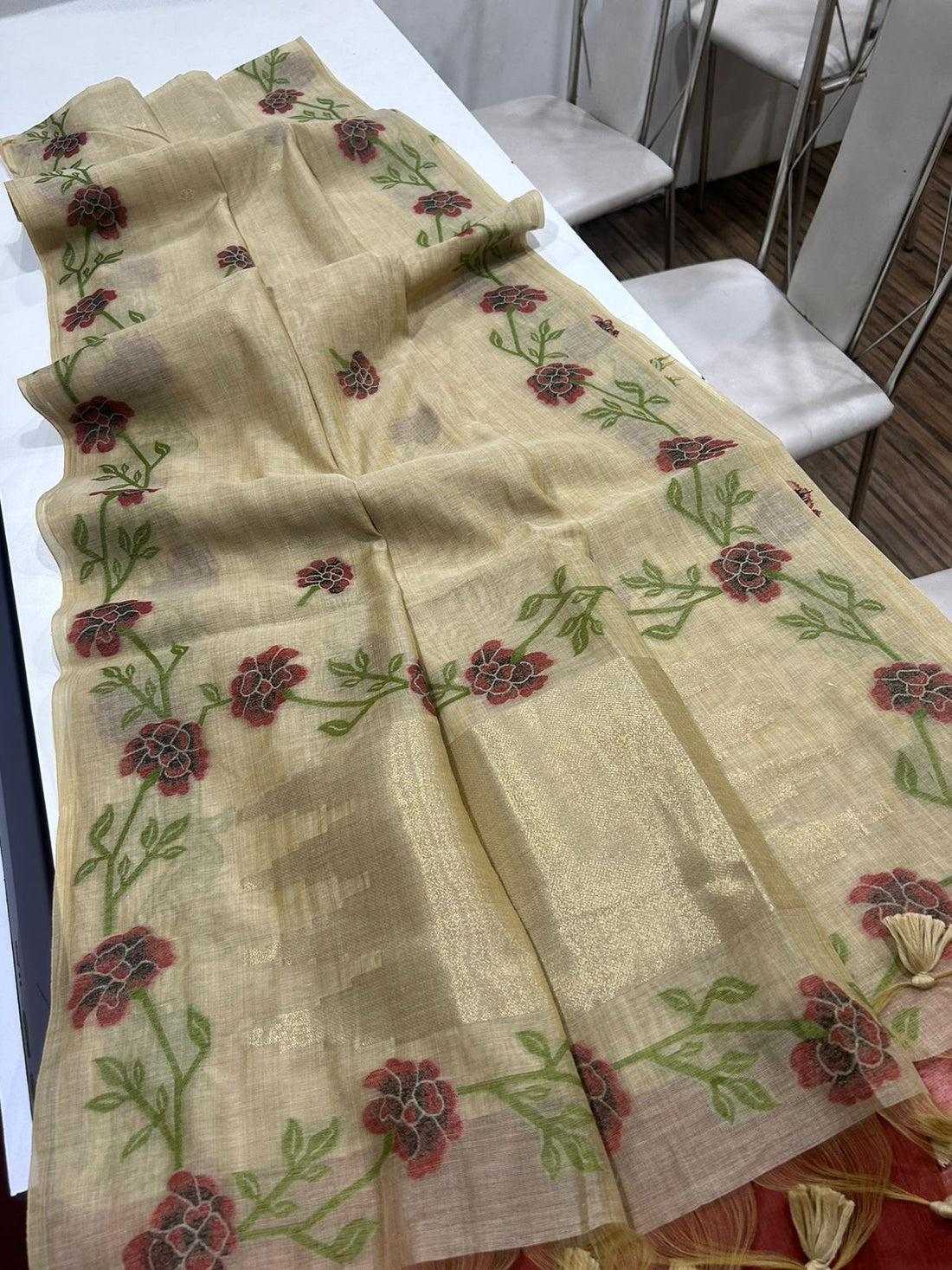 Premium Soft Muga Silk Golden Saree With Chili Red Blouse Piece