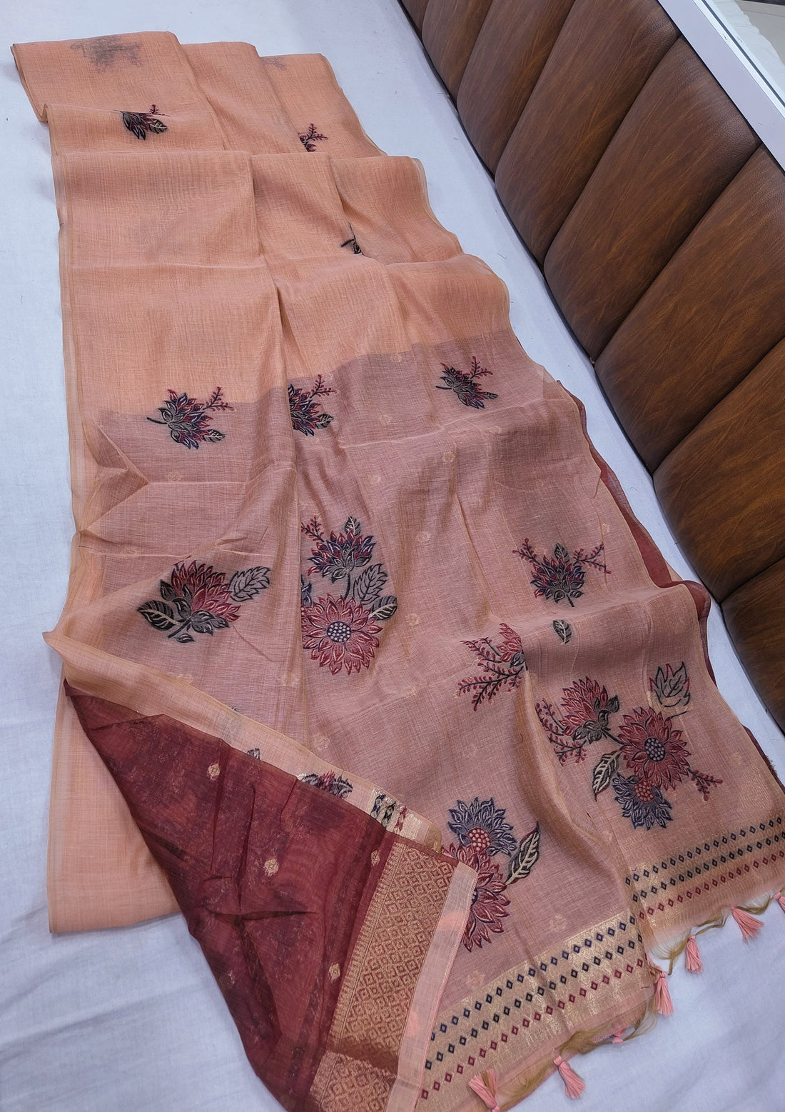 Premium Soft Muga Cotton Peach Saree