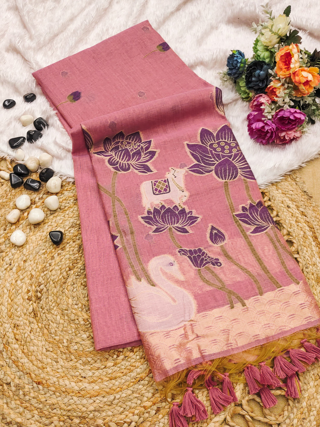 Premium Soft Muga Cotton Pink Saree