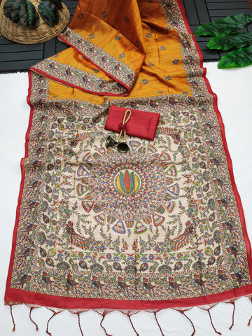 Soft Tussar Silk Madhubani Orange Saree