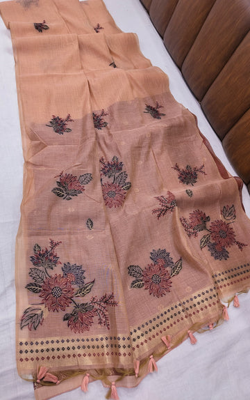 Premium Soft Muga Cotton Peach Saree