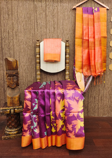 Premium Soft Desi Tussar Silk Orange Saree
