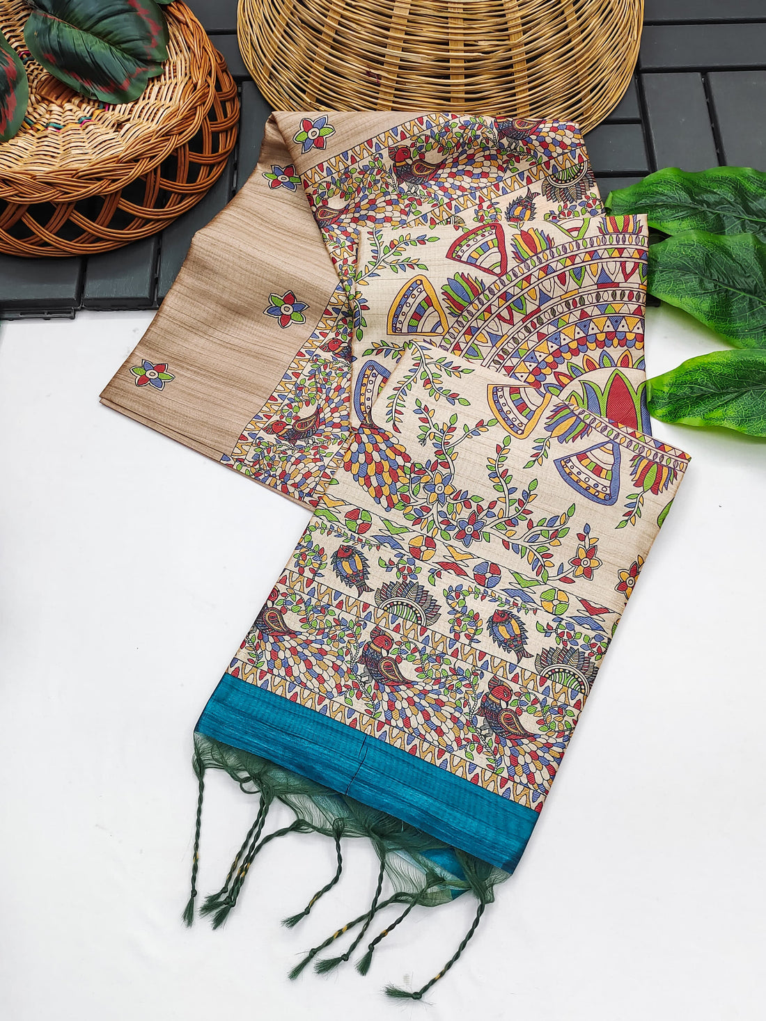 Soft Tussar Silk Madhubani Cream Saree