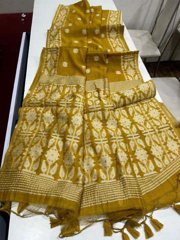 Premium Soft Muga Cotton Yellow Saree