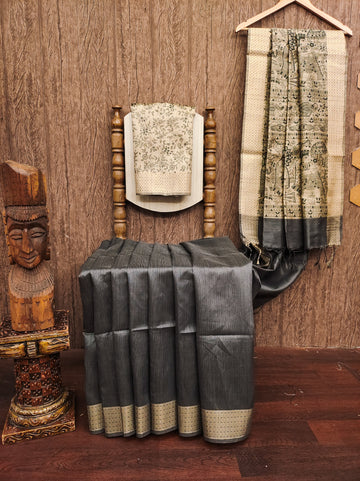 Soft Khadi Raw Silk Gray Saree