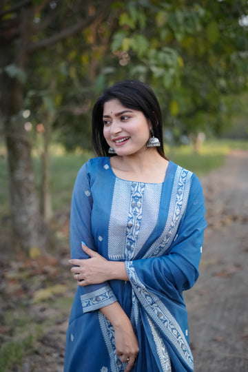 Pure Soft Cotton Jamdani Blue Suit