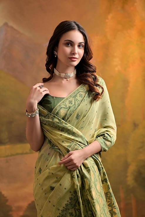 Women's muga Cotton Saree with jamdani concept
