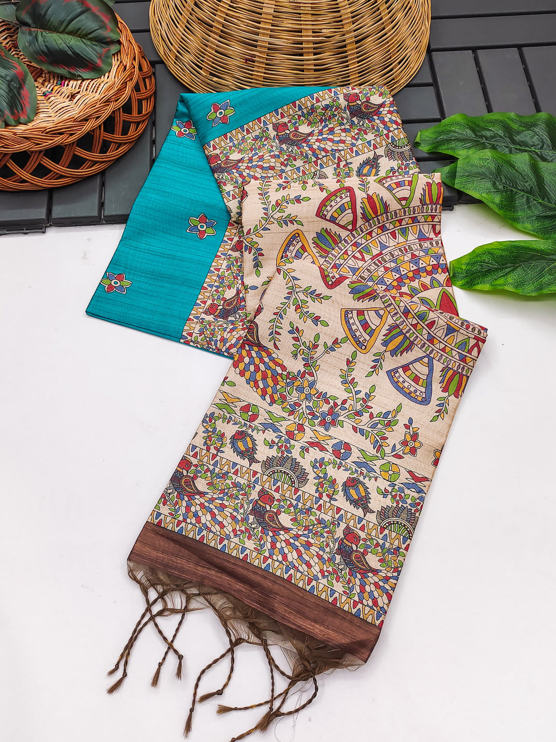 Soft Tussar Silk Madhubani Sky Blue Saree