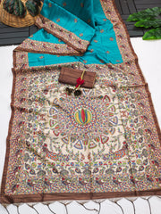 Soft Tussar Silk Madhubani Sky Blue Saree