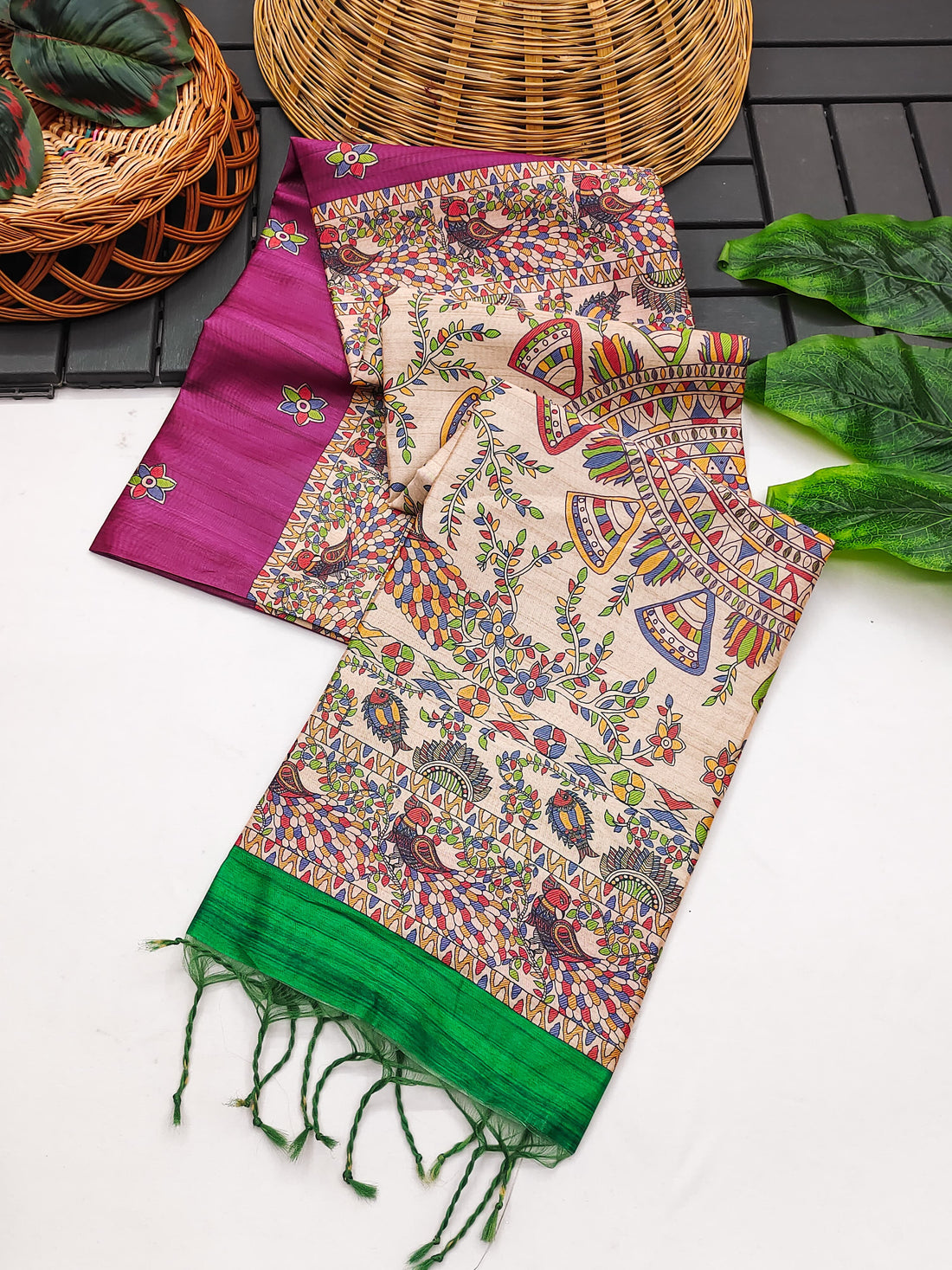 Soft Tussar Silk Madhubani Dark Pink Saree