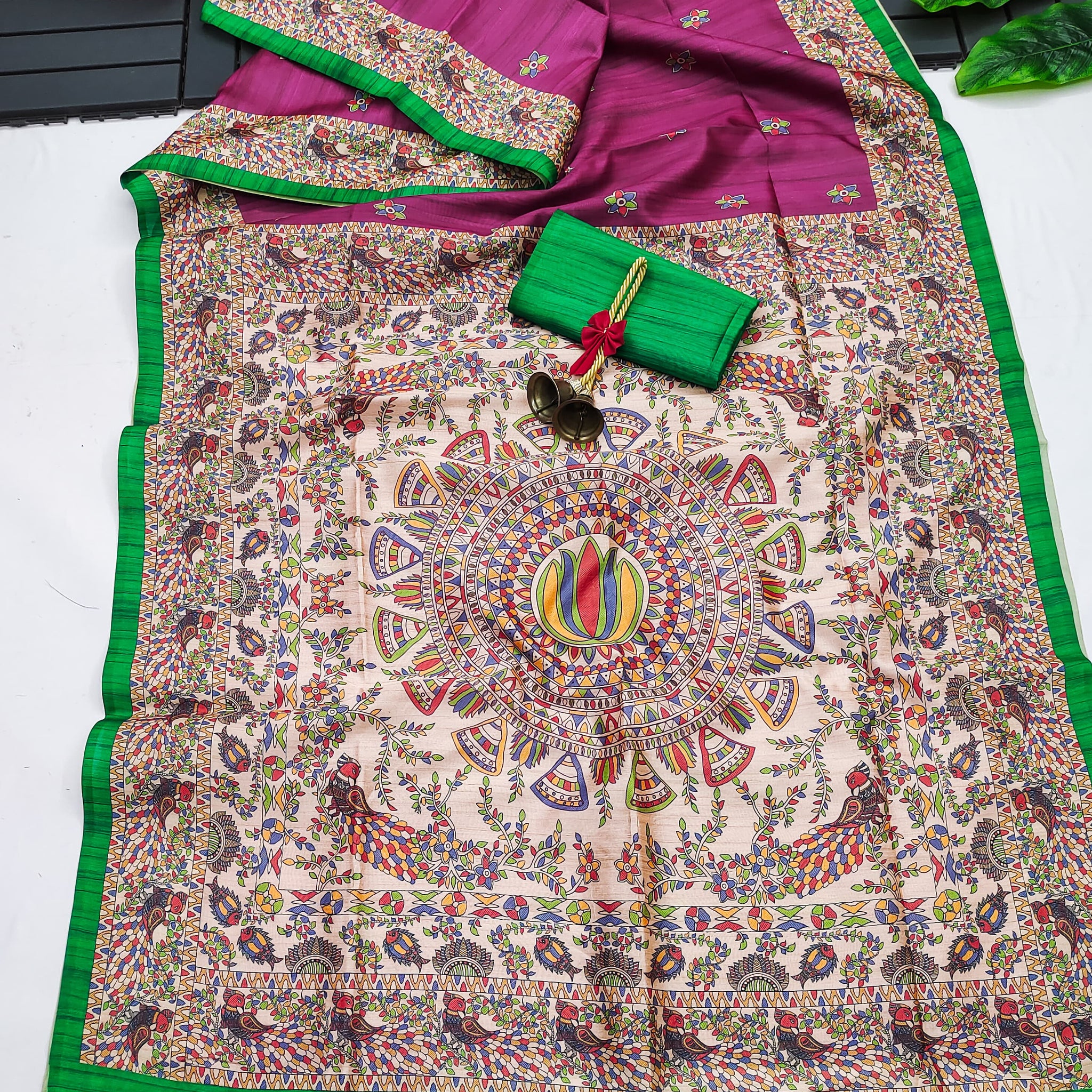 Soft Tussar Silk Madhubani Dark Pink Saree