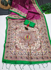 Soft Tussar Silk Madhubani Dark Pink Saree