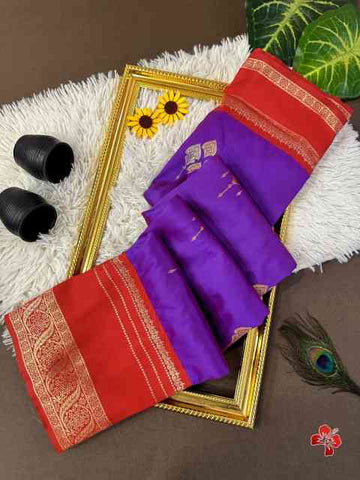 Premium Soft Kanjivaram Silk Purple Saree - Red Pallu