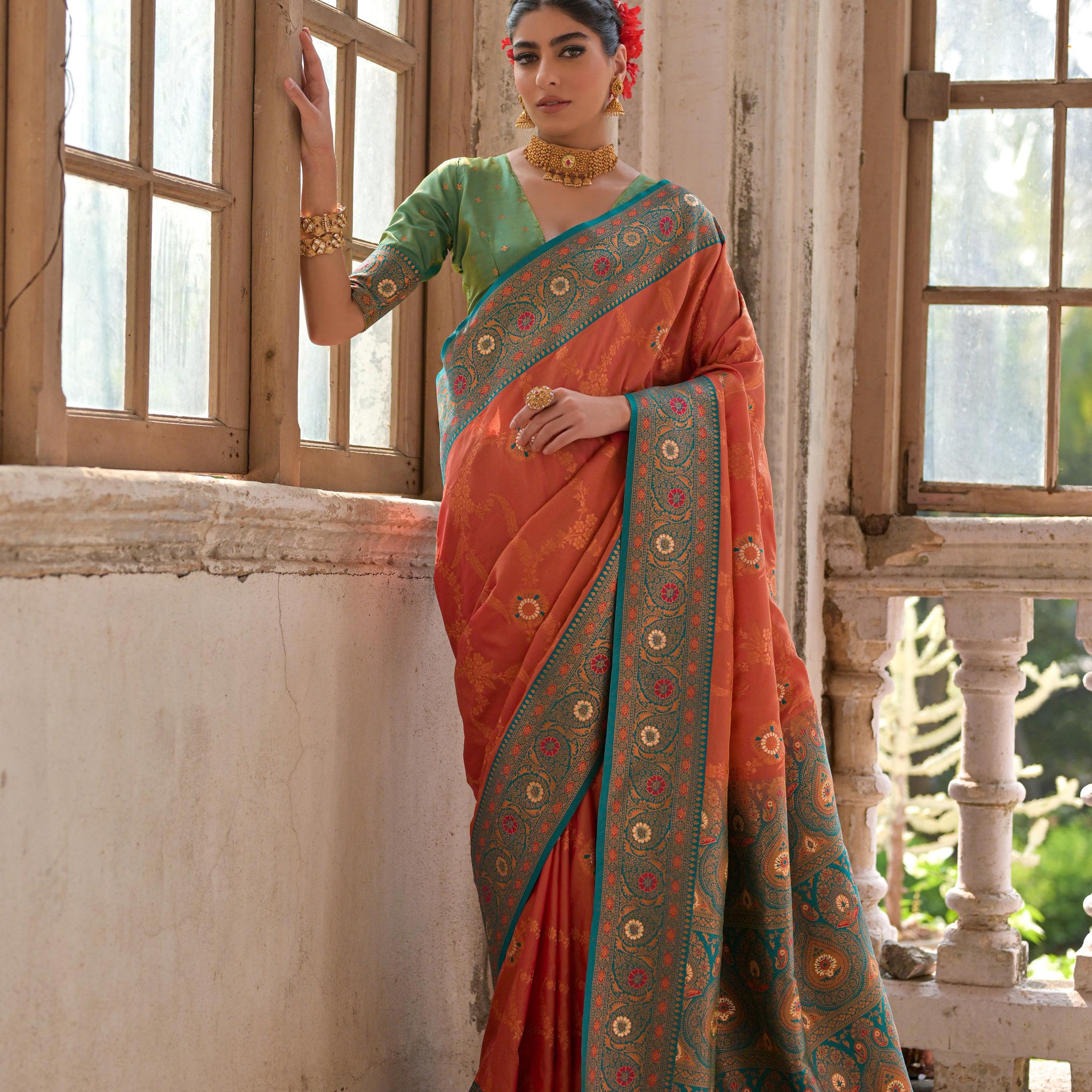 Banarasi Silk Peach Saree With Blouse Piece For Women